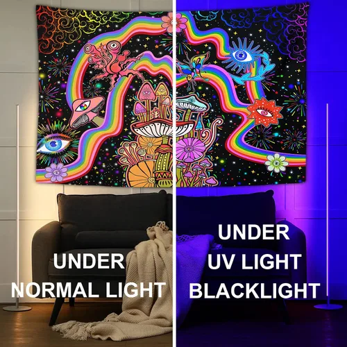 Miniatura 5 de NiYoung Tapiz Trippy para colgar en la pared, luz negra, arco iris, flores coloridas, ojos, estrellas, plantas mágicas, neón reactivo a los rayos