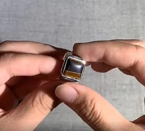 Miniatura 6 de Anillo de plata para hombre Piedra natural de ojos de tigre Anillo turco Anillo retro grabado geométrico por Fantasy World, Metal precioso, ojo