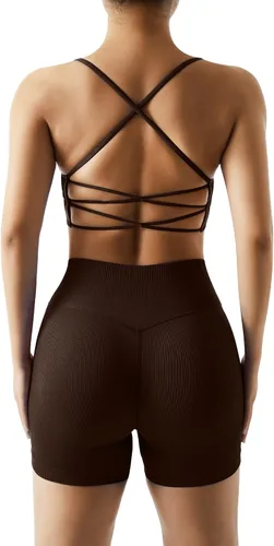 OMKAGI Conjunto de entrenamiento acanalado para mujer, sin costuras, brasier deportivo con tirantes delgados, pantalones cortos de motociclista