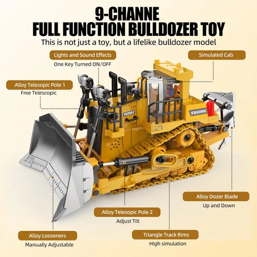 Miniatura 3 de Bulldozer de juguete RC con hoja de metal, luz y sonido, 9CH 2.4GHz control remoto camión de construcción, tractor topador juguetes para niños de 3