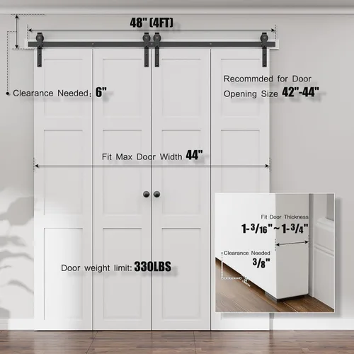 Miniatura 2 de Kit de herrajes para puertas correderas de granero de 48 pulgadas, kit de rodillos de alta resistencia de 4 pies para puertas de 11 pulgadas x 4