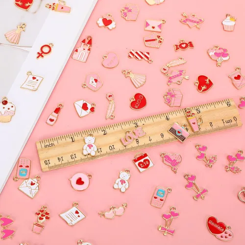 Miniatura 2 de SANNIX 110 dijes para el día de San Valentín, esmalte dorado para hacer joyas, colgantes rosados para hacer pulseras de San Valentín, collares
