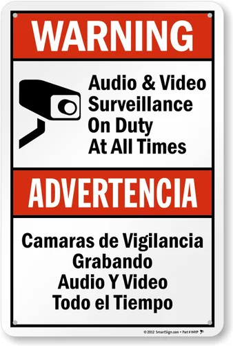 Miniatura 10 de SmartSign-S-9392-AL-14 Advertencia - Vigilancia de Audio y Video En Servicio en Todo Momento Letrero Bilingüe 10" x 14" de Aluminio - Negro/Rojo