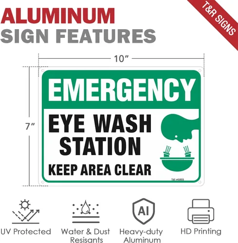 Miniatura 2 de Letrero de emergencia, estación de lavado de ojos, 2 unidades, 10 x 7 pulgadas, libre de óxido, aluminio 040, protección UV, impermeable, resistente