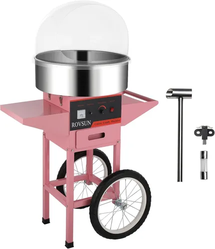 ROVSUN Carrito de máquina de algodón de azúcar de 21 pulgadas, máquina eléctrica de algodón para hacer hilo dental con tapa, cuenco de acero Rosa