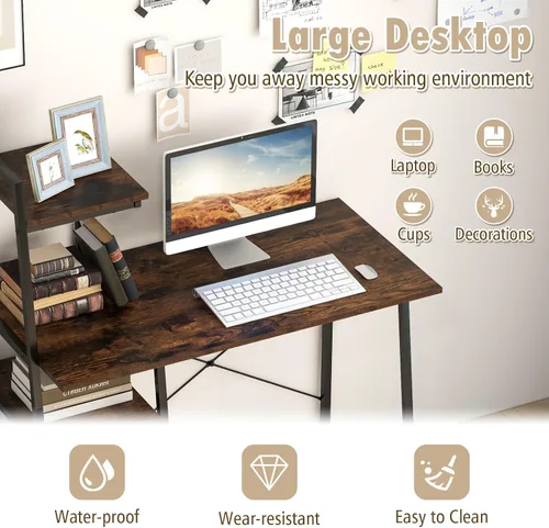 Miniatura 5 de COSTWAY Escritorio para computadora con estantes de almacenamiento de 4 niveles, mesa de escritorio de oficina en casa con marco resistente