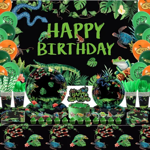 KEFAN Decoraciones de fiesta de reptiles, lagartos de vida silvestre, serpientes, cocodrilos, suministros de vajilla para fiesta, incluyendo Fondo