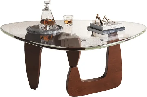 Miniatura 7 de WLIVE Mesa de café, mesa de café pequeña de vidrio con patas de madera maciza, mesas de sala de estar triangulares de 36" de mediados de siglo, mesa