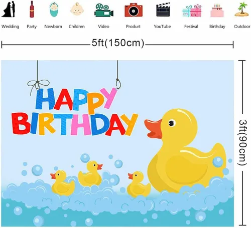 Miniatura 2 de Fondo de fotografía de fiesta de cumpleaños de pato de pato amarillo, 5 x 3 pies, diseño de pato feliz de dibujos animados para niños, fiesta