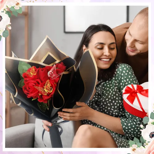 Miniatura 4 de Qilery 243 piezas de papel de regalo para ramo de flores, impermeable, suministros de floristería con decoración de mariposas, coronas, cintas