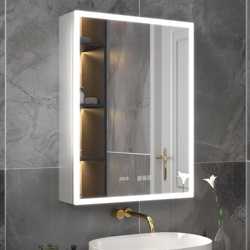 Miniatura 11 de ExBrite Botiquín iluminado de 28 x 32 pulgadas, armario con espejo LED empotrado/superficie con reloj y pantalla de temperatura, desempañamiento