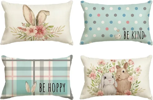Miniatura 13 de AVOIN colorlife Juego de 4 fundas de cojín de Pascua con diseño de búfalo y flor de conejo de Pascua Be Hoppy Bule, 18 x 18 pulgadas, diseño