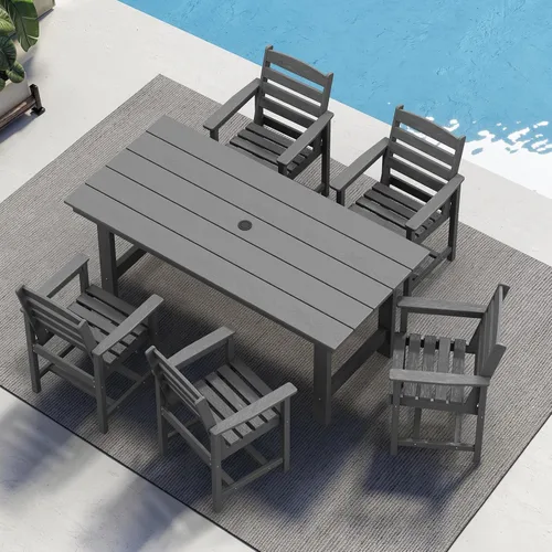 Miniatura 9 de SERWALL Juego de Mesa de Comedor de HDPE para Exteriores, Juego de 7 Piezas de Mesa de Comedor al Aire Libre con Mesa con Corte para Agujero de Gris