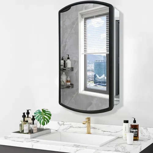 Miniatura 5 de Arqueado 16 pulgadas de ancho x 26 pulgadas de alto gabinete de aluminio de una sola puerta para baño con espejo, empotrado o montaje en superficie