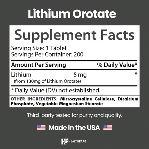 Miniatura 3 de HealthFare Suplemento de orotato de litio de 130 mg 200 tabletas vegetarianas Mineral traza de alta biodisponibilidad Soporte para el estado