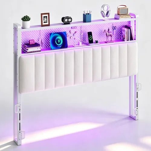 Miniatura 10 de VINGLI Cabecera LED Queen con 3 estantes de almacenamiento y estación de carga, moderna cabecera tapizada con luces RGB, puertos USB y toma de Lino