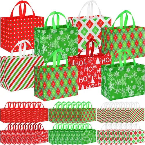 Miniatura 9 de Sanwuta 24 Bolsas de Navidad a Granel para Regalos 12.8 x 9.8 x 6.7 Pulgadas Bolsas Grandes de Transporte para Comestibles con Asas Rojas Verdes a