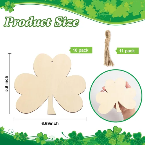 Miniatura 6 de Grandes decoraciones de madera de trébol de 7" para pintar, discos de madera redondos en blanco para San Patricio, decoraciones para colgar