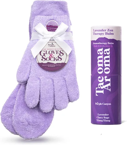 Kit de spa de guantes y calcetines de PURPLE CANYON con aceites esenciales y bálsamo | Guantes y calcetines morados infundidos con aloe vera y
