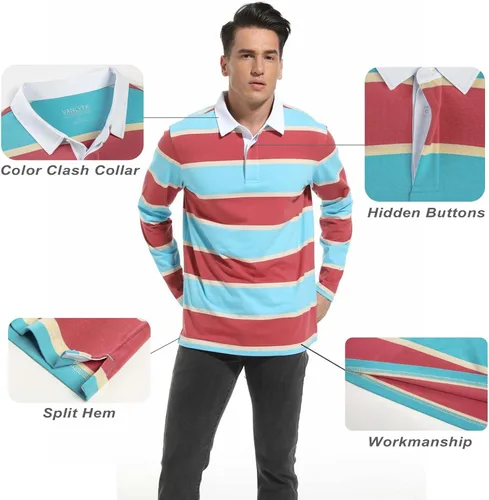 Miniatura 3 de VANLYTK Polo para hombre de manga larga que absorbe la humedad, cuello a rayas, para golf y rugby
