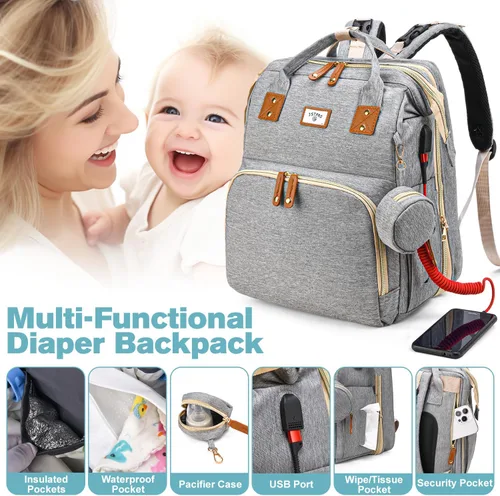 Miniatura 5 de JSTPRO Mochila para pañales, bolsa de pañales grande impermeable y ligera con cambiador, bolsillos aislados, puerto USB y correas para cochecito