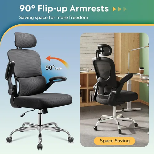 Miniatura 7 de DEVAISE Silla de escritorio ergonómica de malla, soporte lumbar ajustable separado, cojín grande, reposabrazos abatibles, inclinación oscilante