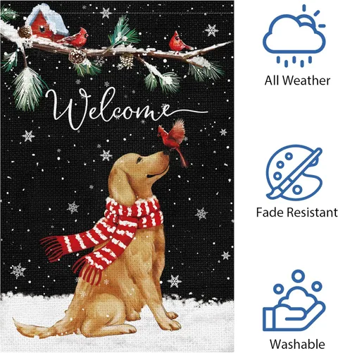 Miniatura 5 de Bandera de jardín de bienvenida de invierno de 12 x 18 pulgadas de arpillera de doble cara, pancarta de patio con perro Golden Retriever y cardenal