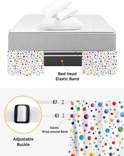 Miniatura 4 de Falda de cama de lunares tamaño Queen de 16 pulgadas de caída, falda de cama elástica ajustable con volantes para cama Queen, diseño de acuarela