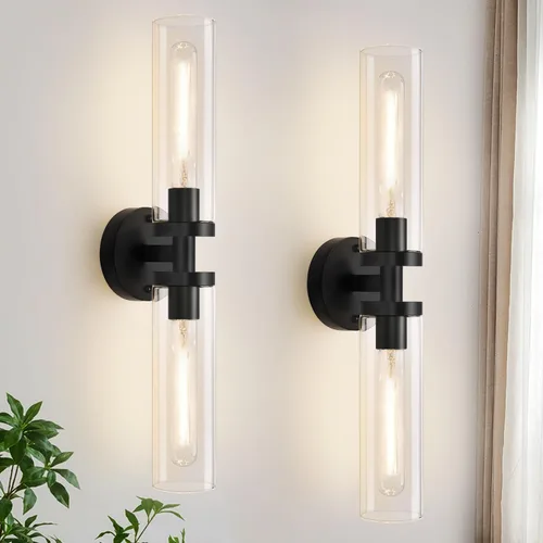 Miniatura 11 de Juego de 2 apliques de pared, apliques de baño de níquel cepillado cableados con vidrio transparente, apliques modernos para decoración de pared