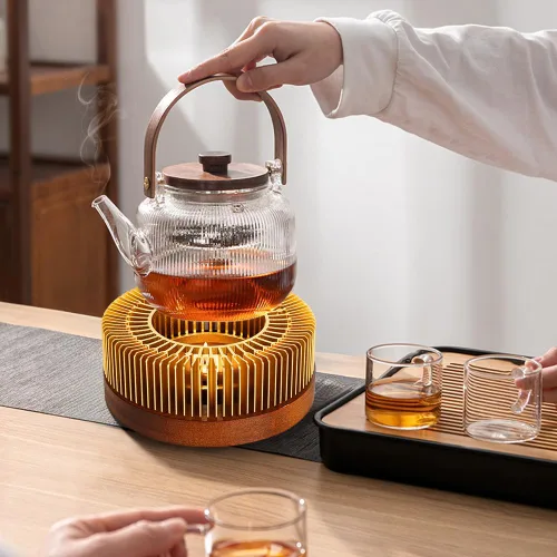 Miniatura 5 de Calderín de tetera, calentador de té de aluminio con base de madera, calentador de vela para calentar té, café, leche, alimentos, camping y viajes