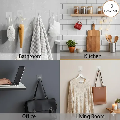 Miniatura 4 de Ganchos de pared adhesivos resistentes, acero inoxidable transparente, paquete de 12 – carga máxima de 24 libras, ganchos reutilizables impermeables