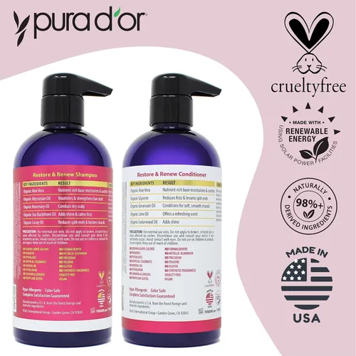 Miniatura 5 de PURA D'OR Restore & Renew Set de champú y acondicionador para cabello fuerte, saludable y nutrido con aloe vera orgánico, romero, espino amarillo