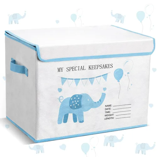 LemonRoad Caja de recuerdos de bebé de 16 x 12 x 12 pulgadas, baby shower, elefante, primera caja de recuerdos, para recién nacidos, regalo de Azul