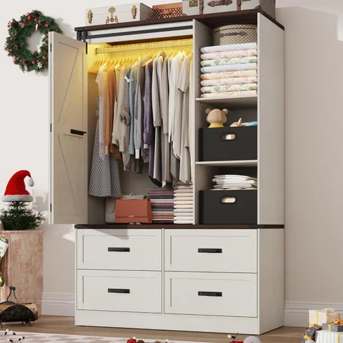 Armario estilo granja de 3 puertas con puerta corrediza plegable tipo granero y luces, armario LED con cajones para dormitorio, armario de madera