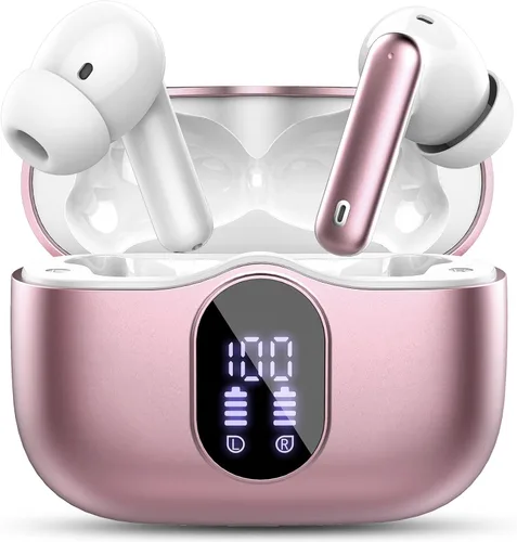 Auriculares inalámbricos, Bluetooth 5.4, auriculares estéreo con graves y micrófono con cancelación de ruido, pantalla LED en el oído, llamadas Oro