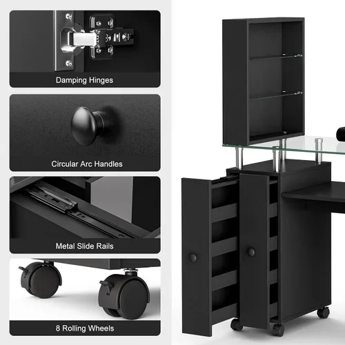 Miniatura 7 de Mesa de manicura con parte superior de vidrio para tecnología de uñas, estación de escritorio resistente a acetona con cajones de almacenamiento