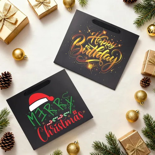 Miniatura 7 de Ohuimrt 6 bolsas grandes de regalo negras con asas, 12.5 x 4.5 x 11 pulgadas, bolsas de papel negro mate de alta calidad para fiestas, compras