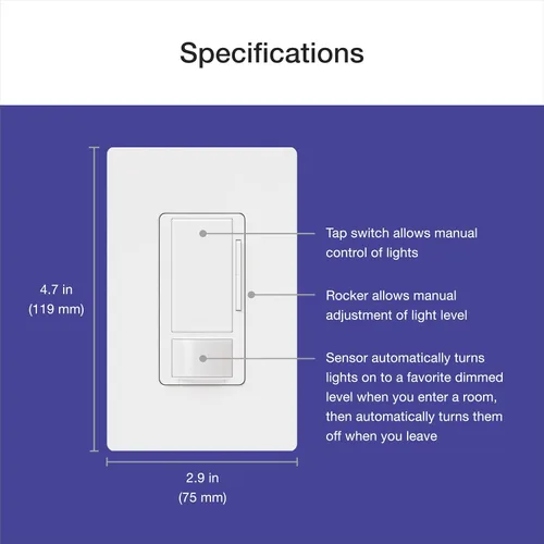 Miniatura 12 de Lutron Maestro Interruptor de luz con sensor de movimiento y placa de pared para baño, garaje, lavandería, cualquier bombilla, sensor de ocupación