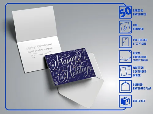 Miniatura 2 de Better Office Products Paquete de 50 Tarjetas de Felices Fiestas con Detalles de Lámina Plateada, 5" x 7", Alto Brillo, Saludo Interior, con 50