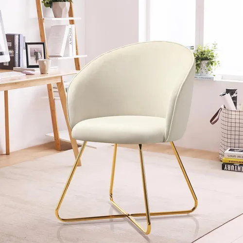 Miniatura 7 de Furniliving Silla de tocador beige, silla de terciopelo para sala de estar, sillas de concha con patas de madera, silla de maquillaje