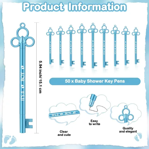Miniatura 2 de Geyoga 50 juegos de recuerdos de fiesta de baby shower, 50 bolígrafos elegantes con forma de llave, bolígrafos de tinta de gel, 50 tarjetas de Azul