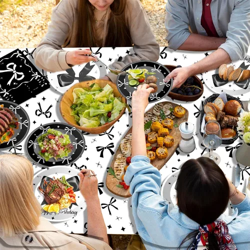 Miniatura 5 de Suministros de fiesta de cumpleaños de lazo negro para niña, decoraciones de fiesta de cumpleaños coquette incluyen platos de lazo negro