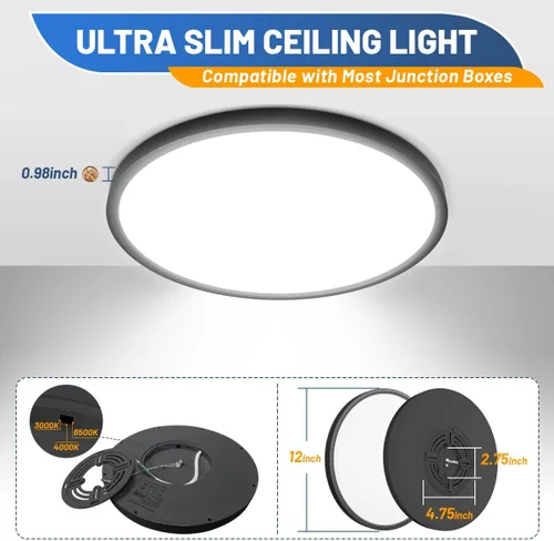 Miniatura 4 de Allsmartlife - Juego de 2 lámparas de techo empotradas, lámpara de techo LED redonda regulable CCT 3000K/4000K/6500K, lámparas de 24W de 12 pulgadas