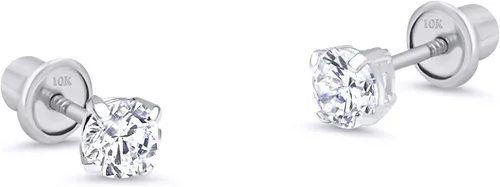 10k White Gold Basket Round CZ Cubic Zirconia Solitaire Children Stud Screwback Baby Girls Earrings