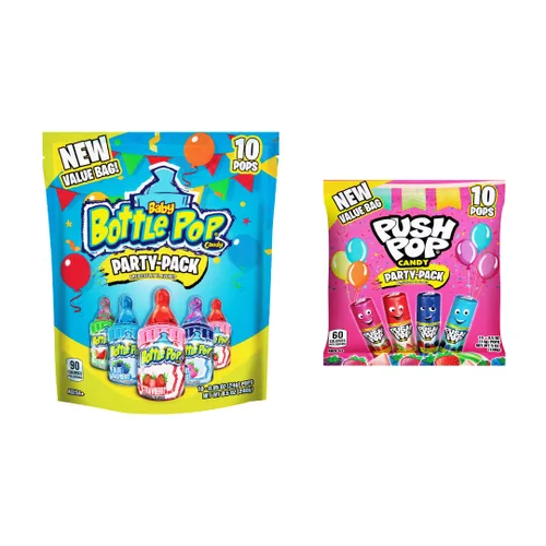 Push Pop Paquete de fiesta – 10 chupones de paletas + paquete de fiesta de biberón – 10 paletas con salsa de azúcar en polvo – Variedad a granel de
