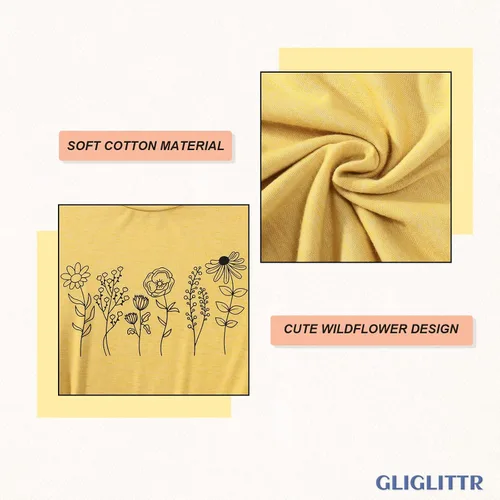 Miniatura 5 de GLIGLITTR Camiseta floral para mujer, diseño de flores silvestres, camiseta casual suelta con cuello redondo y manga corta