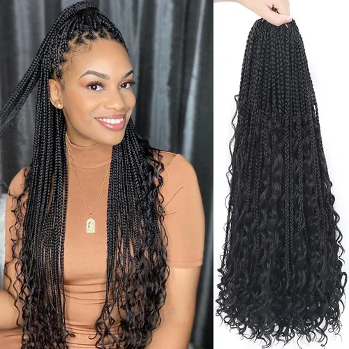 Miniatura 46 de Goddess Box Braids - Trenzas de cabello a ganchillo con extremos rizados, trenzas de caja bohemianas de 16 pulgadas, trenzas de ganchillo, 8 1B-4-30