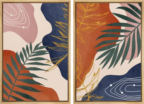 Miniatura 48 de SIGNFORD Lienzo enmarcado para pared, juego de arte con hojas de palmera de selva, polígonos geométricos, formas abstractas, ilustración, arte
