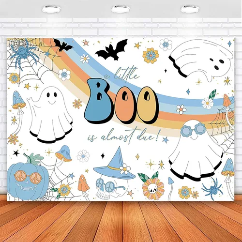 Avezano Little Boo - Telón de fondo para baby shower, para niños, diseño hippie, para fiesta de Halloween, fantasma azul, Hey Boo, 7 x 5 pies
