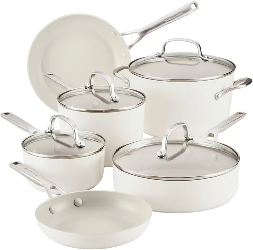 Miniatura 16 de KitchenAid Juego de ollas y sartenes antiadherentes de inducción de cerámica anodizada dura con cacerolas, sartenes, olla y tapas, apto para Agave